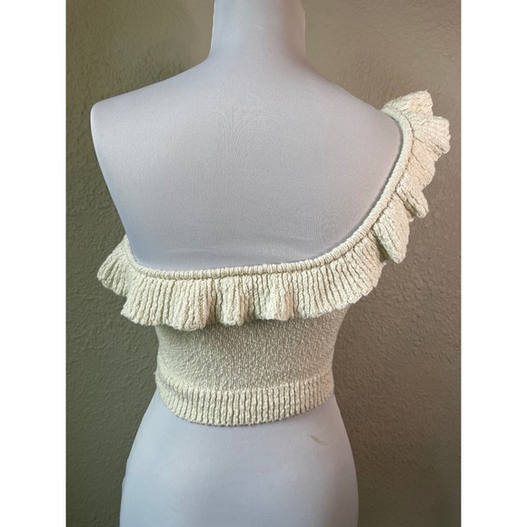 Urban Outfitters Ivory Knit Ruffle One‎ Shoulder Crop Top - Size S - Picture 3 of 4